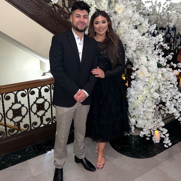 Mac Duggal Black Sequined Long Sleeve Tiered Ruffle Midi Dress - Picture 5 of 7